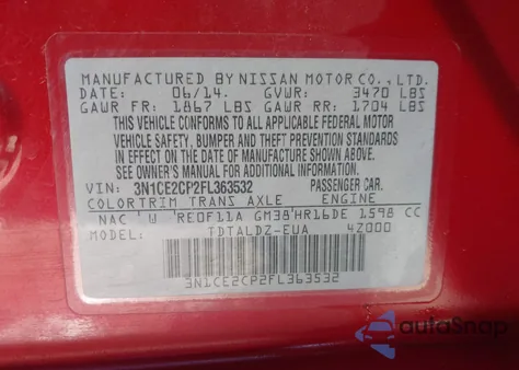 2015 Nissan Versa Note S (Sr)/S Plus/Sl/Sr/Sv из США, поврежденный, VIN 3N1CE2CP2FL363532